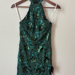 NWT Lulus Substantial Shine Emerald Green Sequin Backless Mini Dress